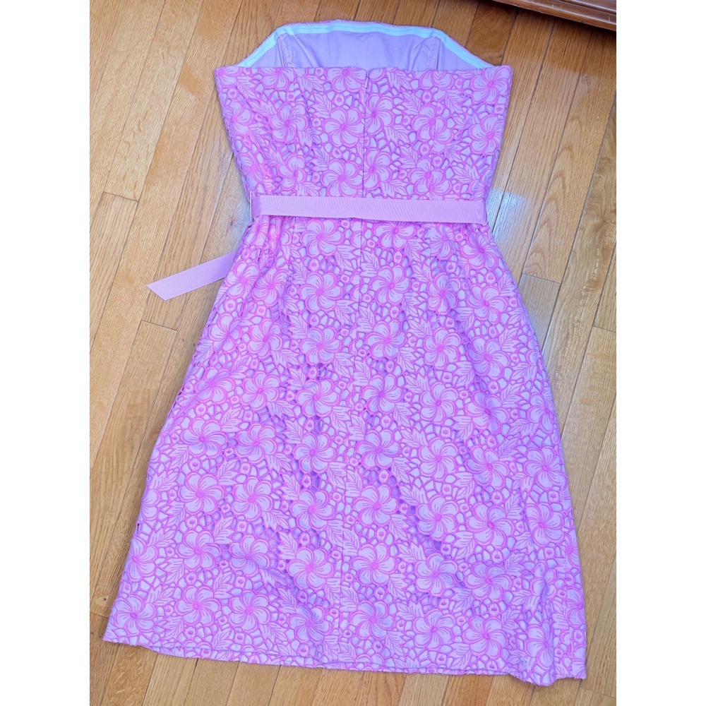 Lilly Pulitzer Pink Floral Eyelet‎ Lace Strapless Dress with Ribbon Belt Size 12 - Picture 6 of 9